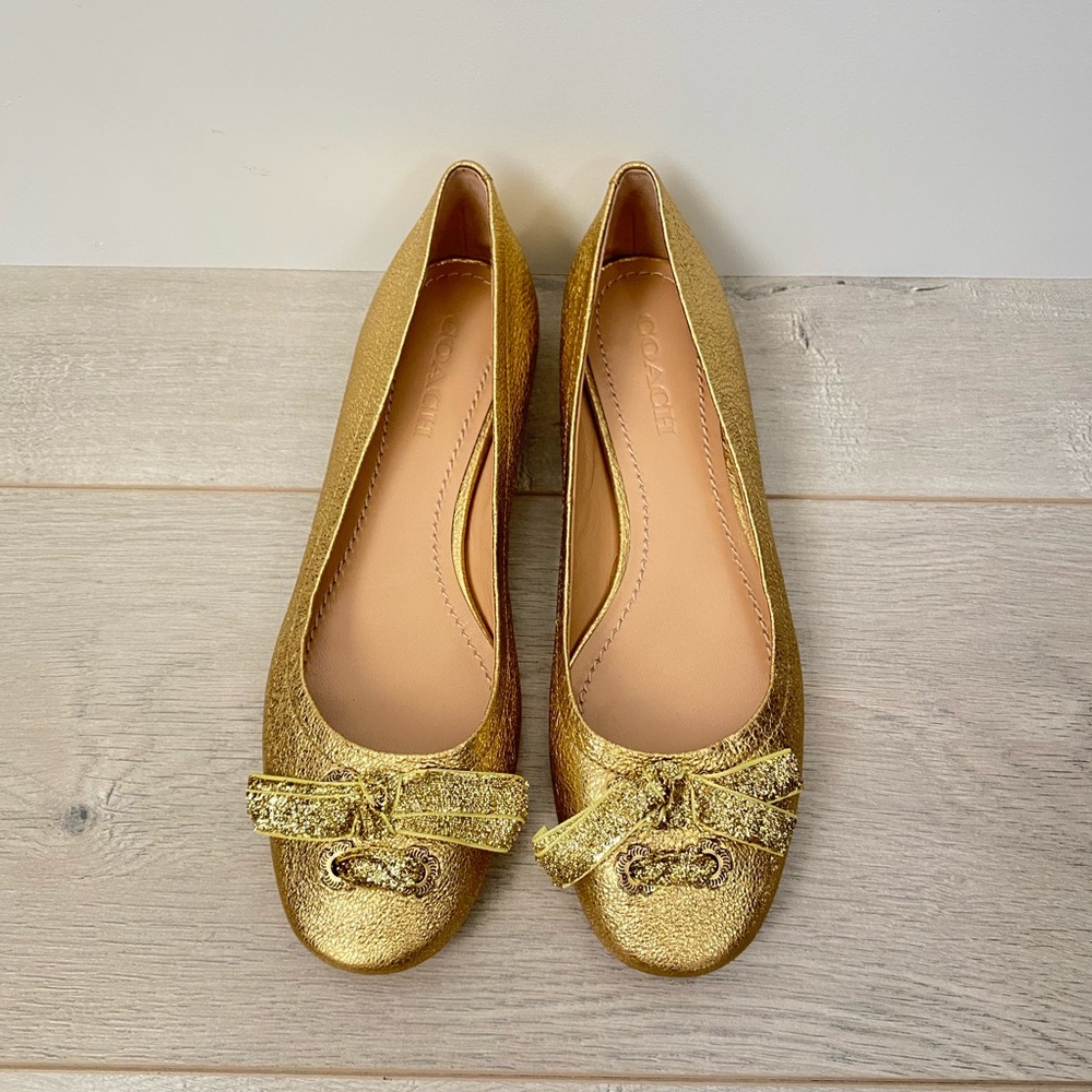 New Coach gold ballerina shoes with block heel